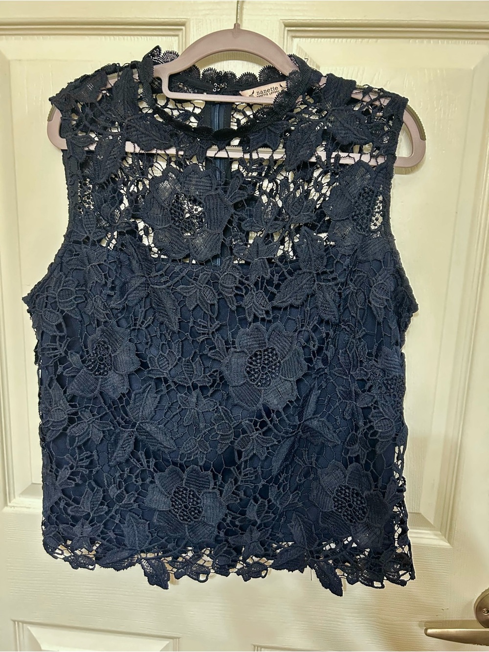 Nanette Lepore Navy Floral Lace Sleeveless Blouse